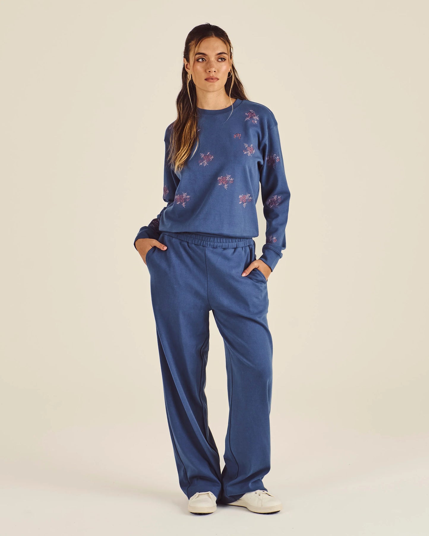 Adeline Embroidered Crewneck - Vintage Indigo