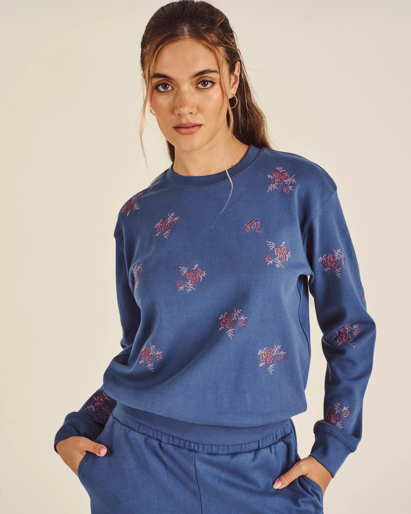 Adeline Embroidered Crewneck - Vintage Indigo
