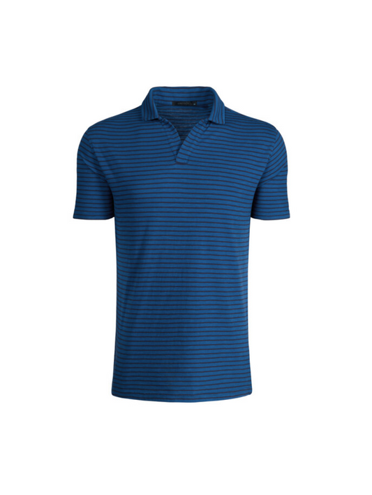 Alpha Slub Johnny Collar Striped Polo - Steel / Maltese Blue
