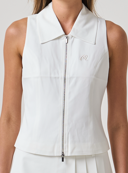 Gemma Zip Sleeveless Polo - White
